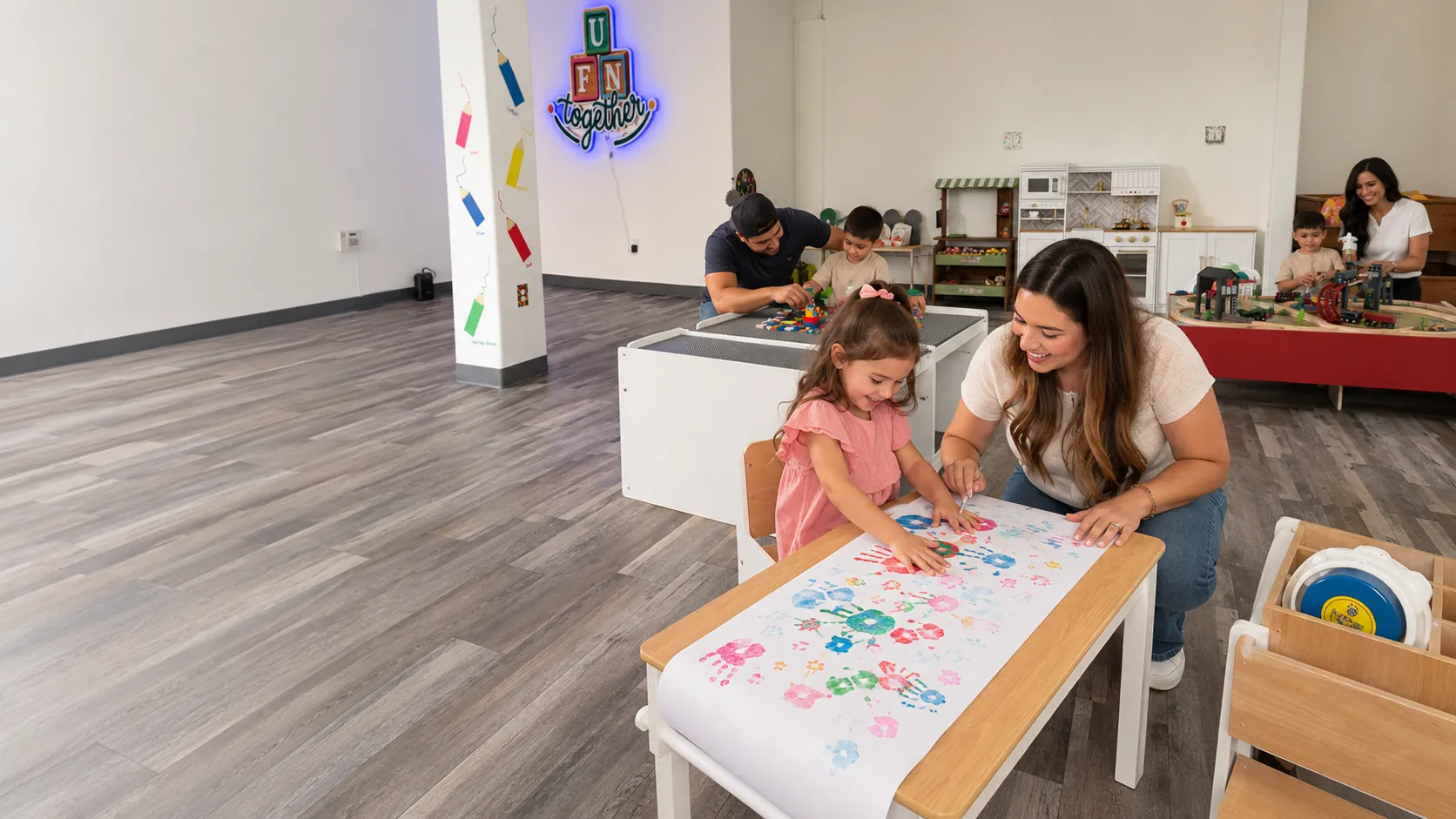 Parents and children playing side by side across the Fun Together studio